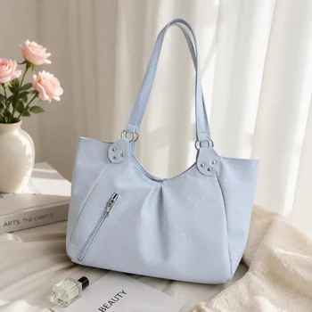 Borsa a Tracolla Coreana a Pois Retrò con Cerniera, Grande Capacità, Casual, per Uso Quotidiano, Novità per Donne, Shopping e Lavoro