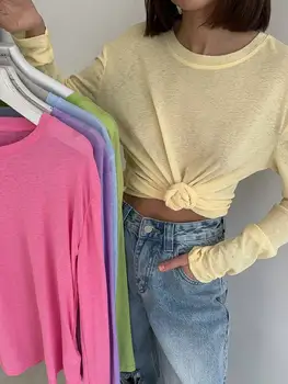 Hirsionsan 2025, camisetas básicas suaves para mujer, camisetas de verano y otoño de manga larga con parte inferior holgada, camisetas informales de punto suaves para mujer 1