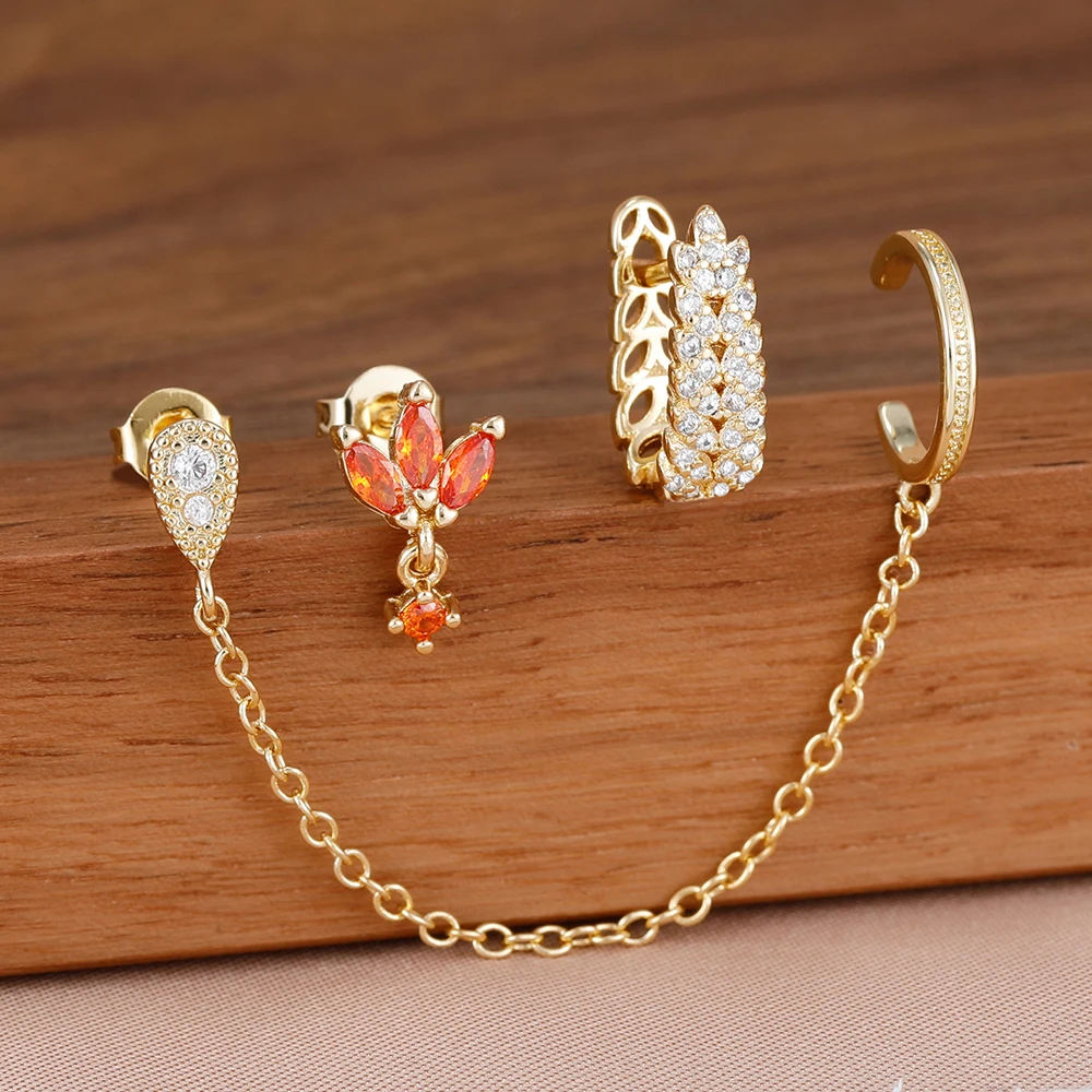 3PCS Luxus Mode Gold Silber Farbe Zirkon Weizen Hoop Ohrringe Set für Frauen Quaste Kette Ohr Stud Weiblichen Schmuck aretes – Detail 8