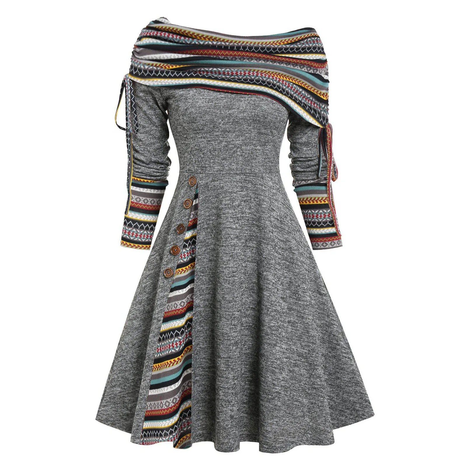 

Convertible Cinched Striped Flare Dress Foldover Off The Shoulder Knitted Dresses Women 2022 Long Sleeve Jurken Vestidos