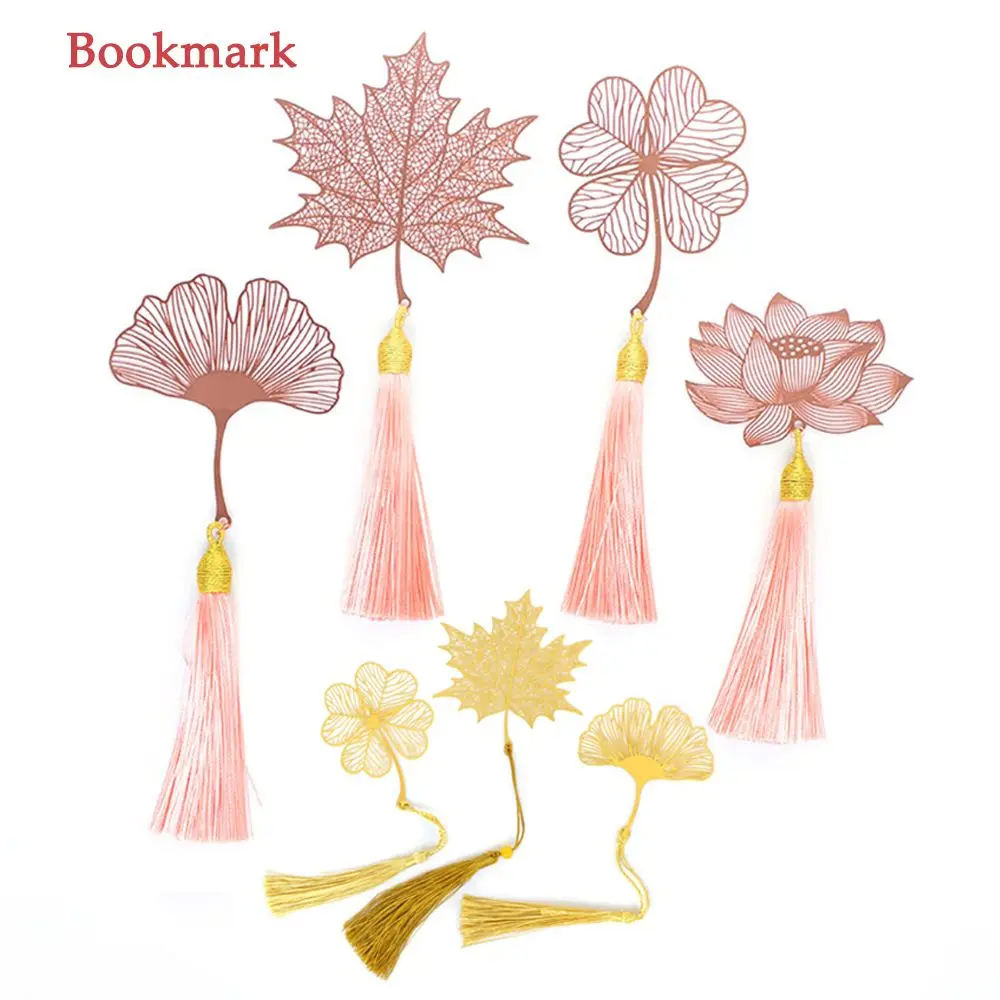 

Cute Metal Bookmark Stationery Chinese Style Creative Leaf Vein Rose Gold Hollow Maple Leaf Fringed Apricot Leaf Bookmark Gifts