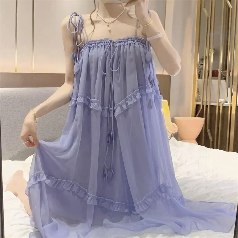 

Summer Spaghetti Night Korean Piece Pajamas Dress Slash Neck Sleepwear Strap Tie Home Wear One Chiffon Nightgown Ruffles Womens