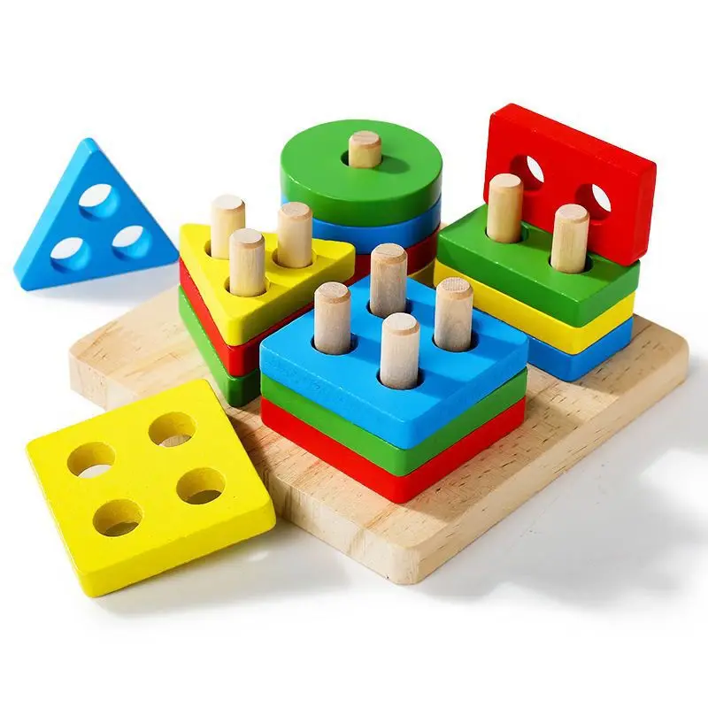 Montessori Wooden Geometric Shape Five Sets of Columns Blocks Assembling Children's Enlightenment Early Education Puzzle Toys 5