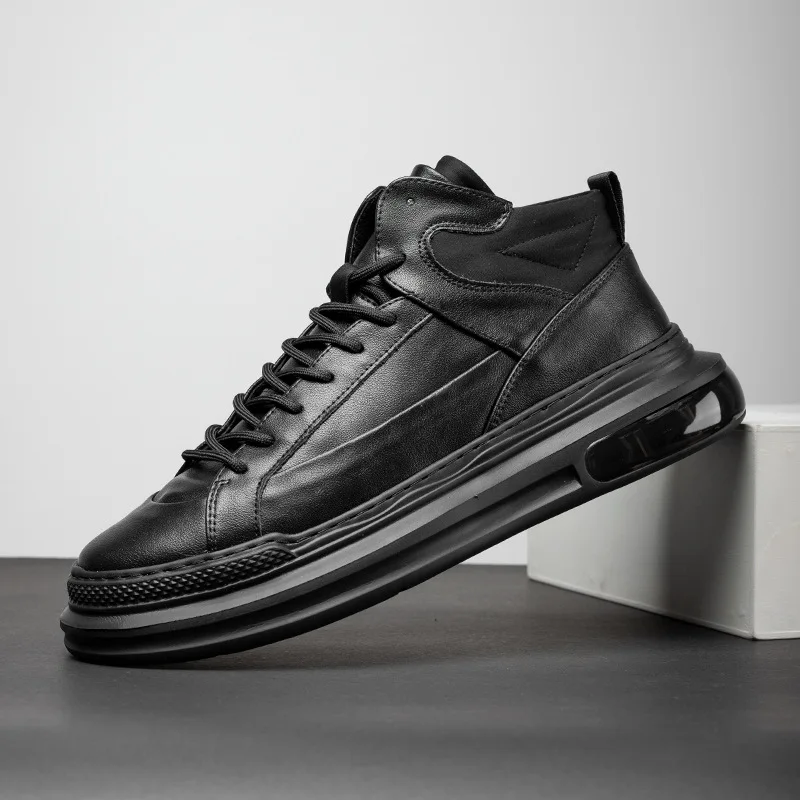 

Boardshoes men's daily breathable fashion trend help black solid round head leather men's shoes
