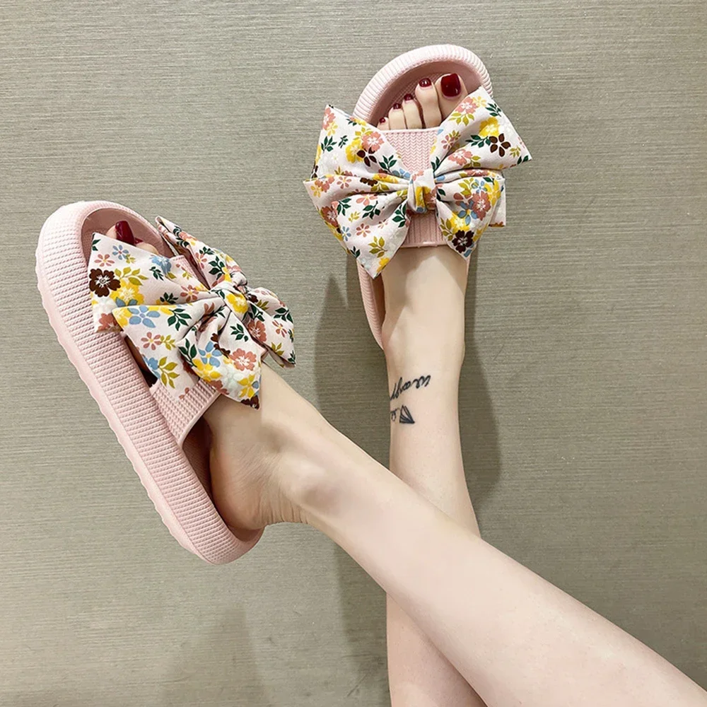 Hot Women Summer Thick New Bow Tie Slippers Indoor Home Sandals Couples Bathroom Slides Non-Slip Soft House Slippers Femme