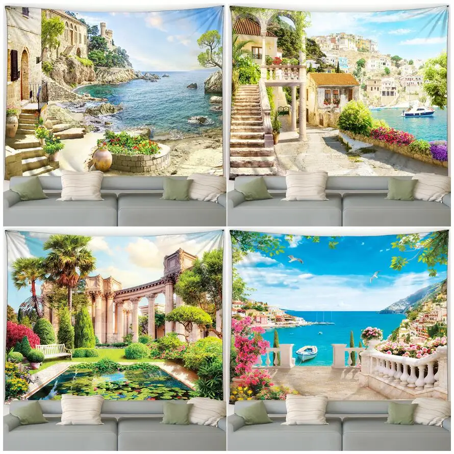 

European Landscape Tapestry Vintage Street Flowers Plants Mediterranean Scenery Home Living Room Dorm Decor Garden Wall Hanging
