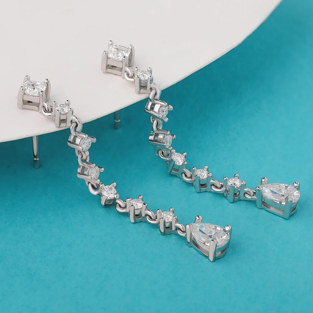 여성을위한 배 컷 Moissanite 드롭 귀걸이 랩 다이아몬드 긴 교수형 귀걸이 신부 웨딩 쥬얼리 GRA