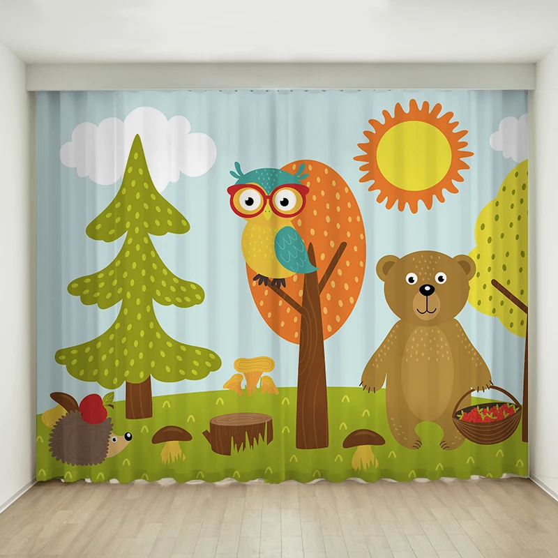 

Cute Catoon Style Zoo Animal Bear Giraffe Lion 3D Printed Blackout Curtain Children's Bedroom Living Room Window Curtain 2 Pcs