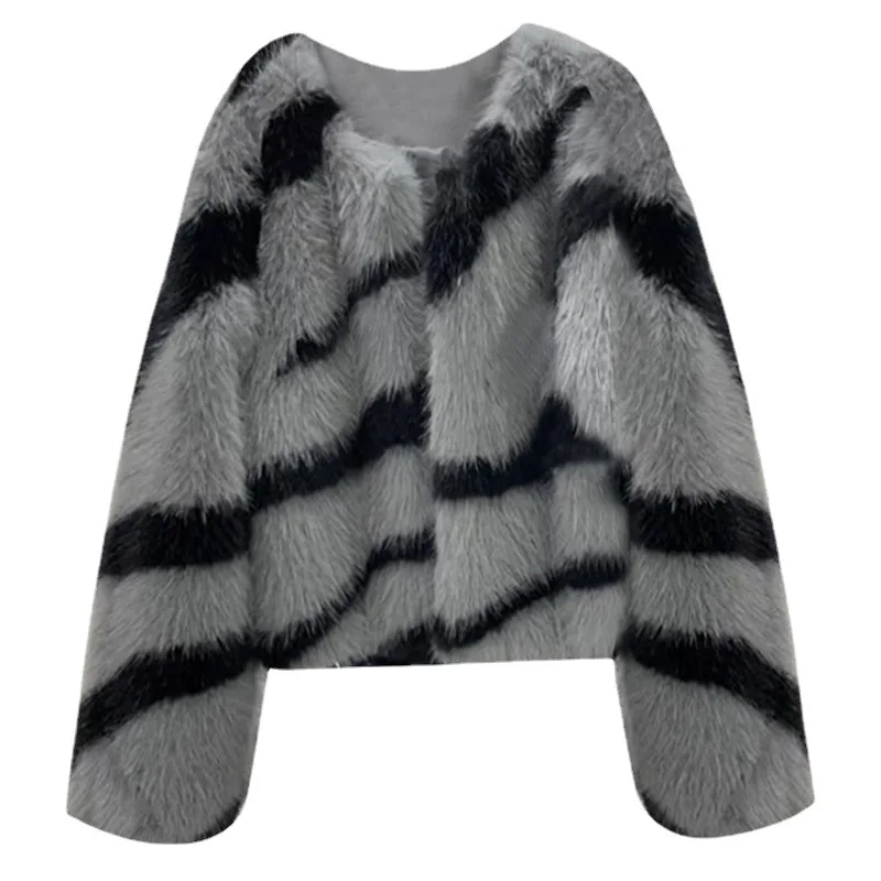 Winterthicker Warm Faux Fur Jacket Women's Striped Short Coat Crop Top Plus Size Cardigan Fashion Fluffy Outerwear
