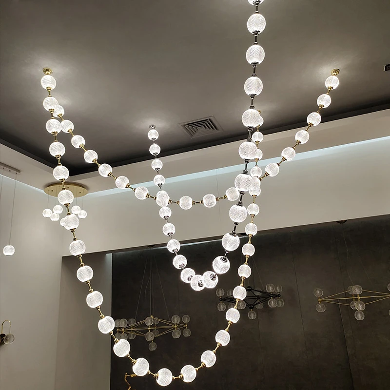 Pearl Necklace Design LED Dimmable Chandelier Balls Staircase 6 m Long Suspension Luminaire for Living Room