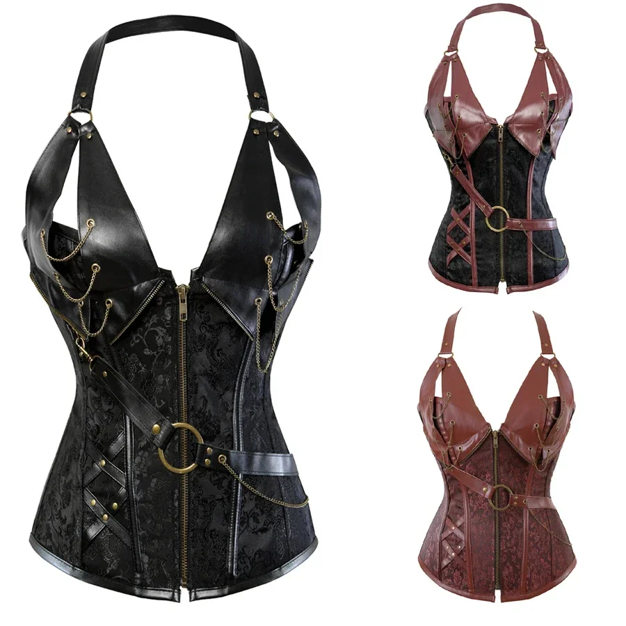 

Leather Steampunk Halterneck Corset Bustier Black Pirate Corsets Zip Corsage Sexy Chain Dance Party Clubwear Costume Plus Size