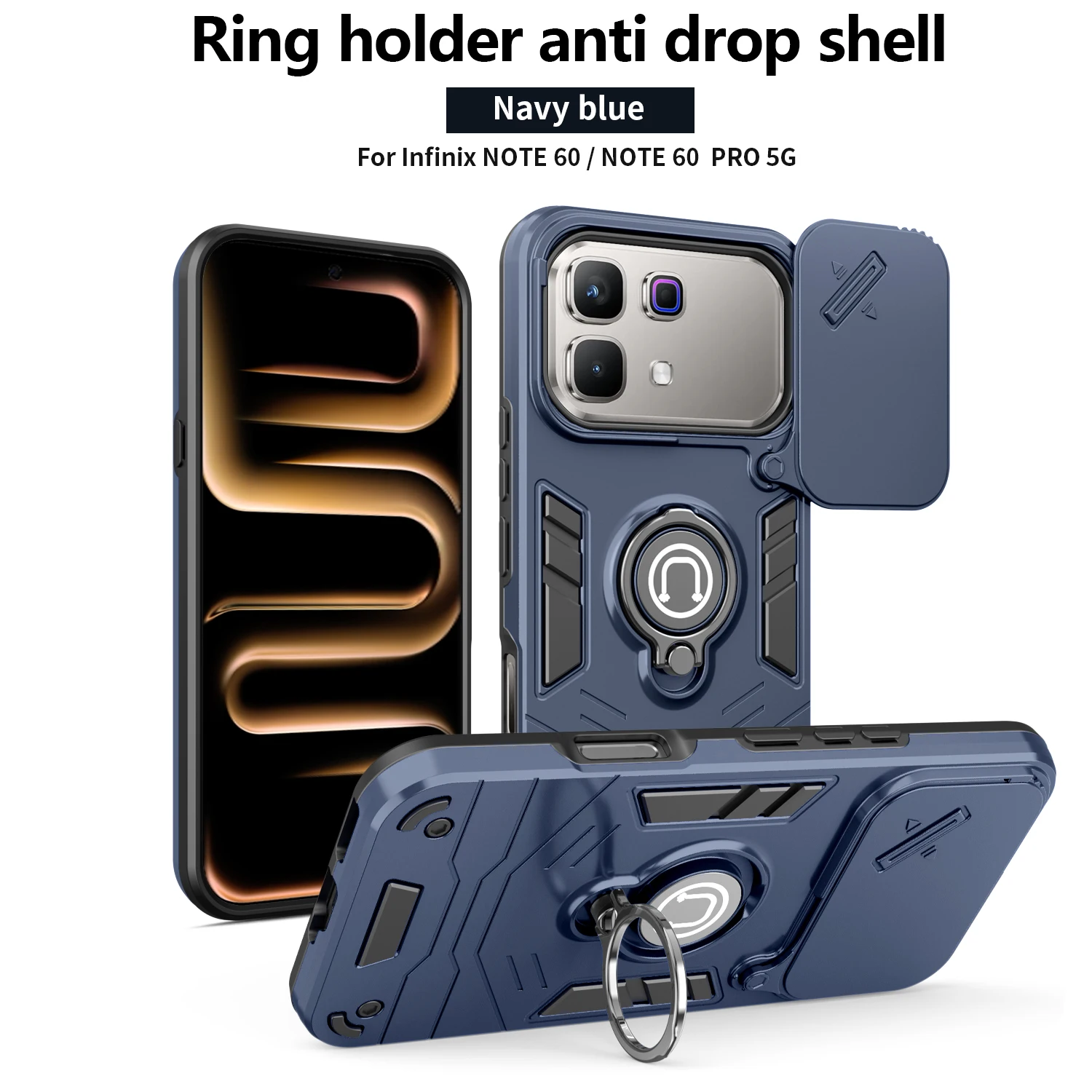 Rugged Armor Shockproof Phone Case with Sliding Window and Metal Ring Holder