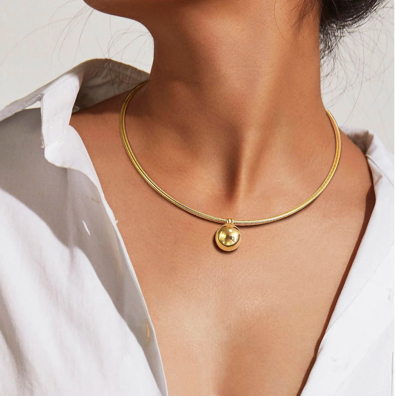 Collana Con Ciondolo Sfera Glitter E Cristallo Placcato Argento 925 Catena Serpente 16"