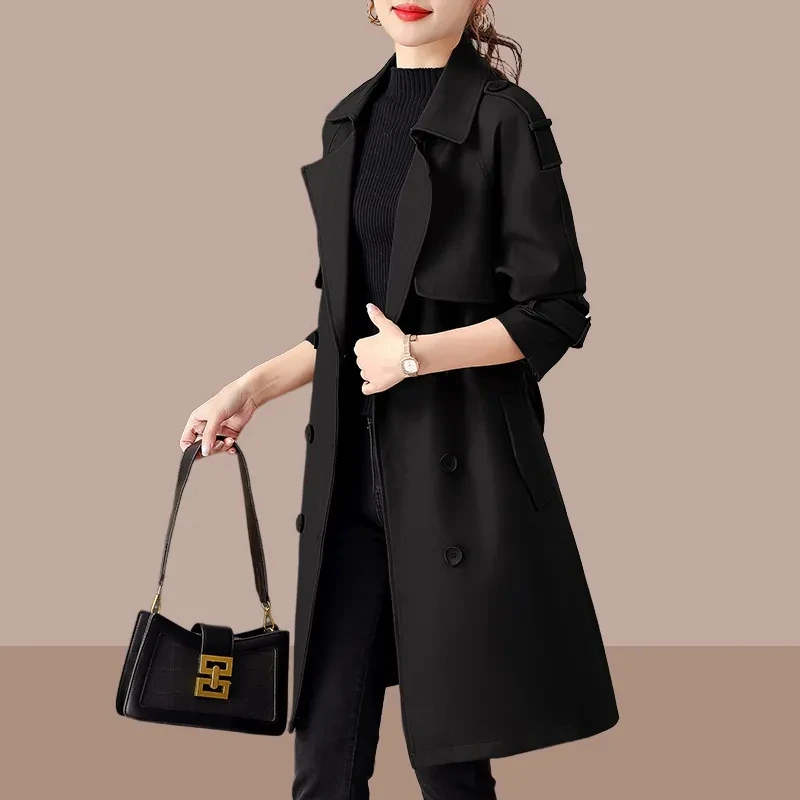 

Trench Coat For Women Spring Autumn Double-Breasted Khaki Black Coats Office Lady Long Windbreak Fashion Jacket Outwear Female