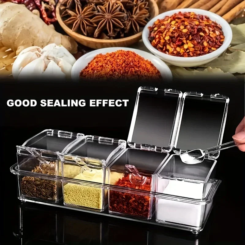 1SET/2SET Four Compartment Transparent Seasoning Box with Spoon Lid and Storage Base Sugar, MSG Four in One Storage Container