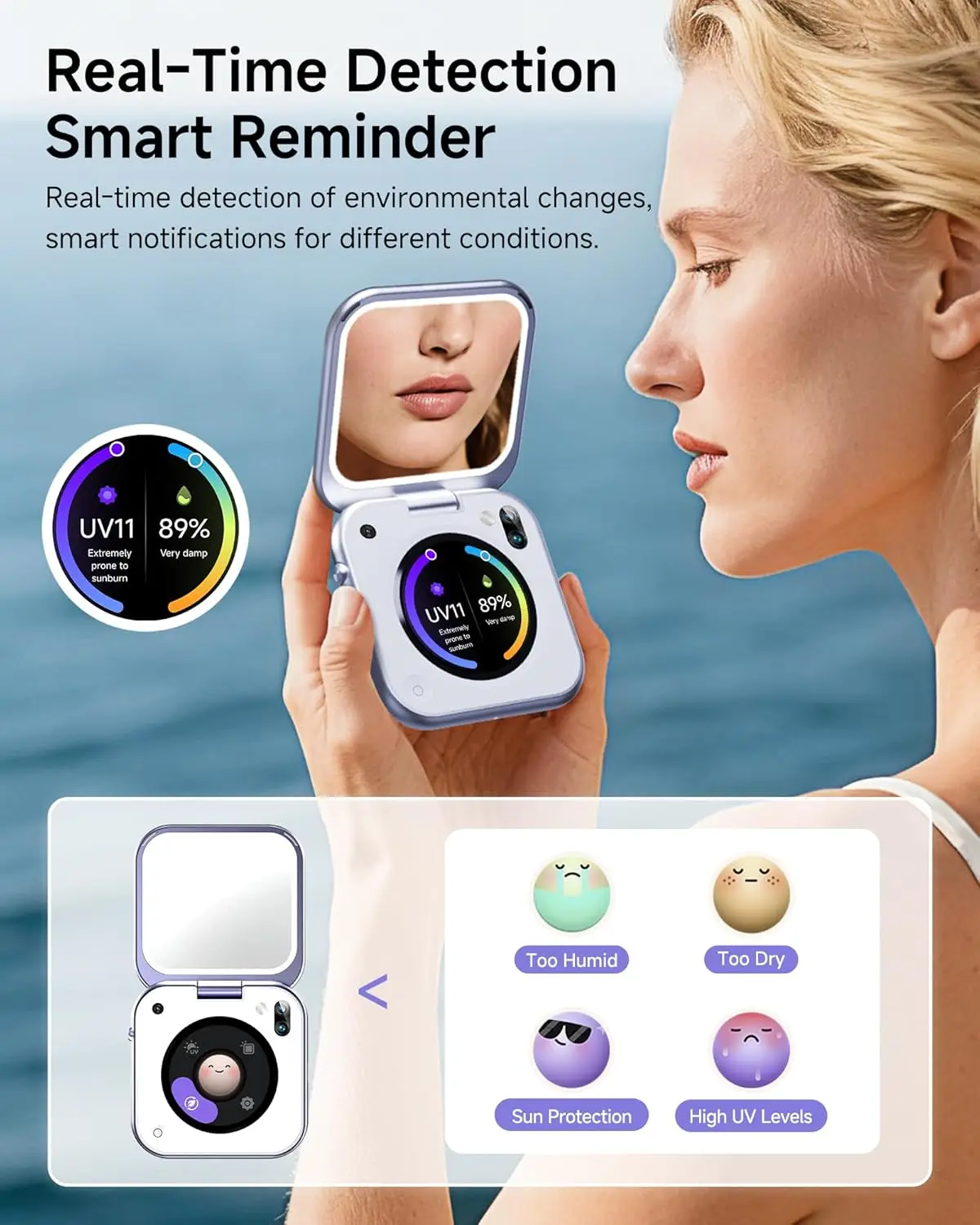 Smart UV Camera Mirror with Humidity Sensor, Portable Travel Makeup Mirror for Sunscreen Check, 3 Inch LED Lighted Compact