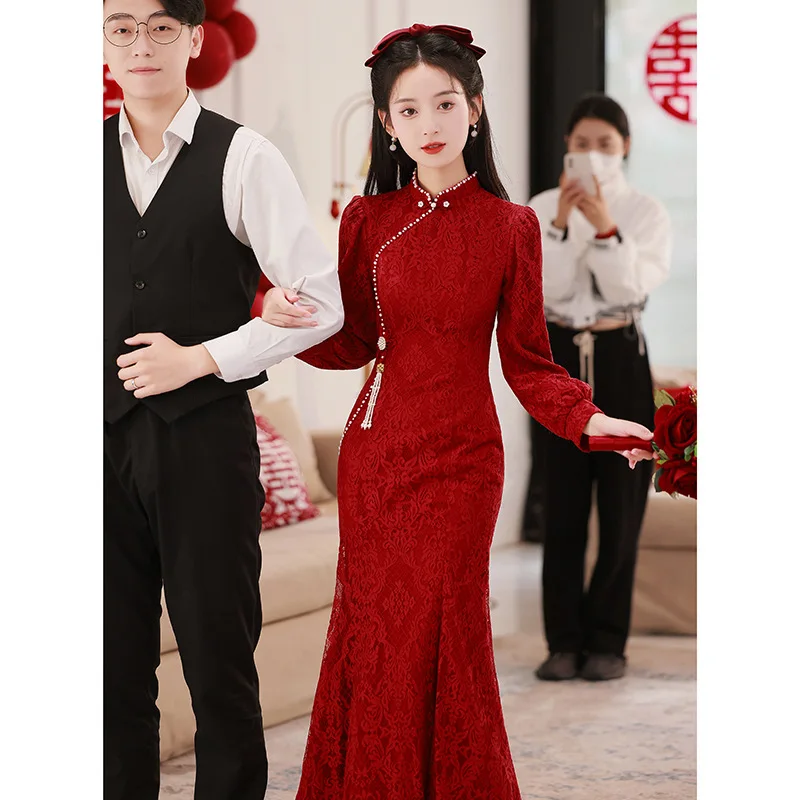 

Elegant Burgundy Mermaid Qipao Improved Lace Flower Cheongsam Chinese Style Bridal Wedding Dress Sexy Vestido Robe De Soiree ﻿