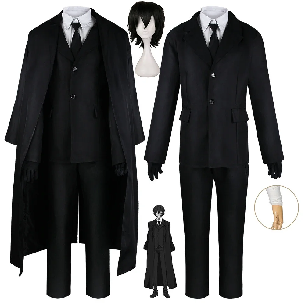 

Anime Bungo Stray Dogs Dazai Osamu Cosplay Costume Black Coat Suit Wig Windbreaker Halloween Dazai Cosplay Costumes for Men