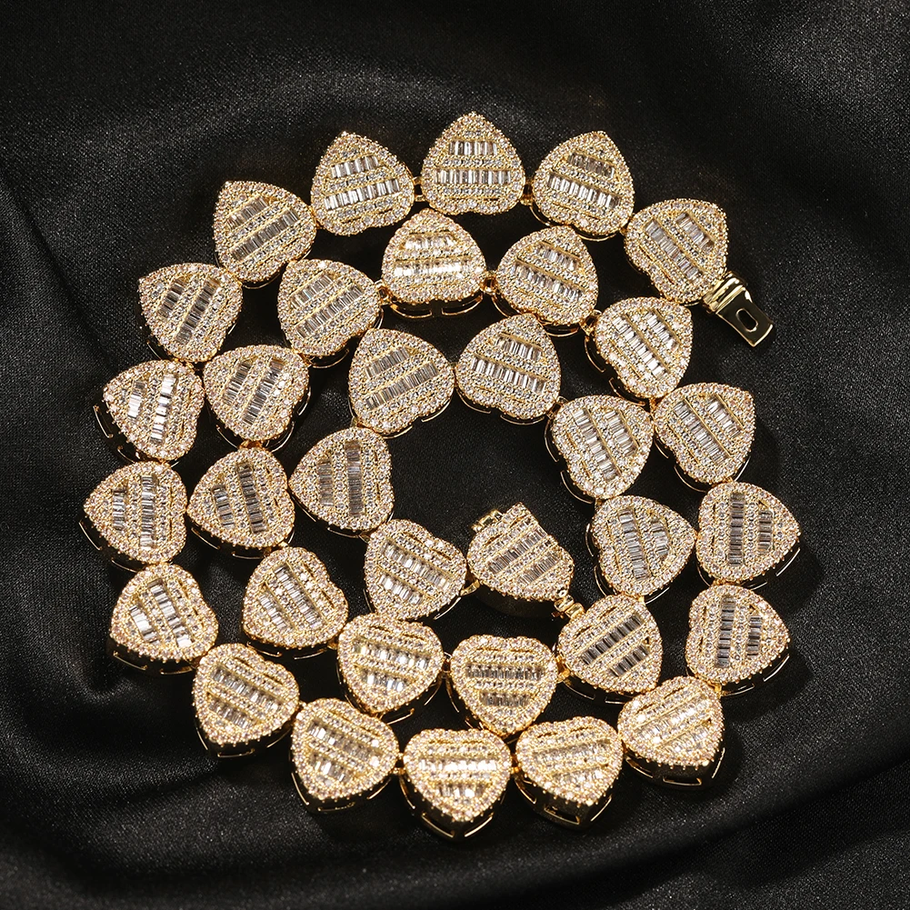 TBTK 12mm BaguetteCZ Heart Necklace Full Paved Out Cubic Zirconia Link Chain Luxury Jewelry Engagement Gift For Women