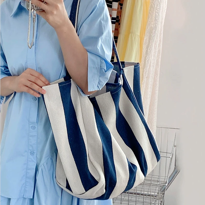 Fashion Striped Shoulder Bag Vintage Ultra Large Capcity Handbag Korean Style Canvas Bag