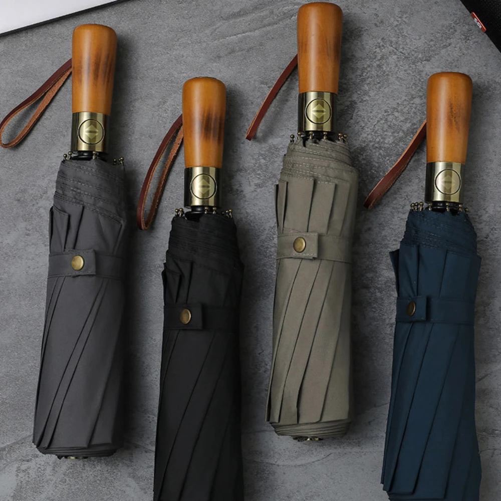 Fully Automatic Wooden Handle Umbrellas Men Foldable For Both Sunny And Rainy Use Folding Umbrella Automatic Umbrella