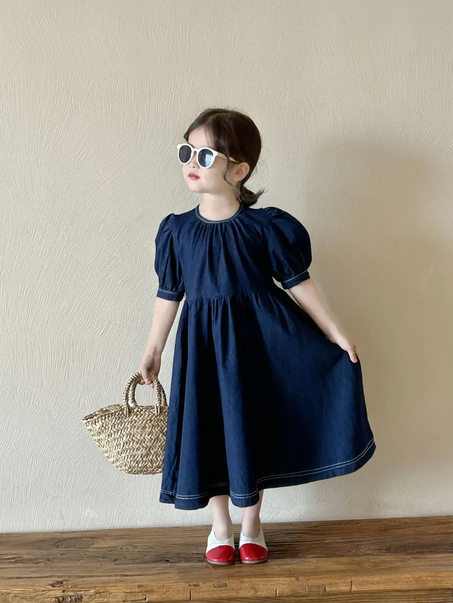 

Girls Puff Sleeved Denim Dress SPring Summer Korean Style Loose Casual A-Line Long Dress 2-8Y Children Simple Solid Color Dress