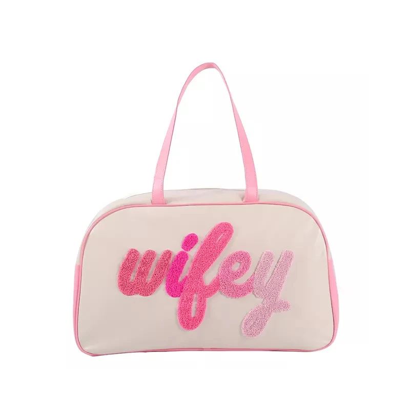 Women Travel Bag With Personalized Chenille Letter Patch PU Handbag Waterproof Travel Gym Sport Duffel Bag Duffle Weekender Bag