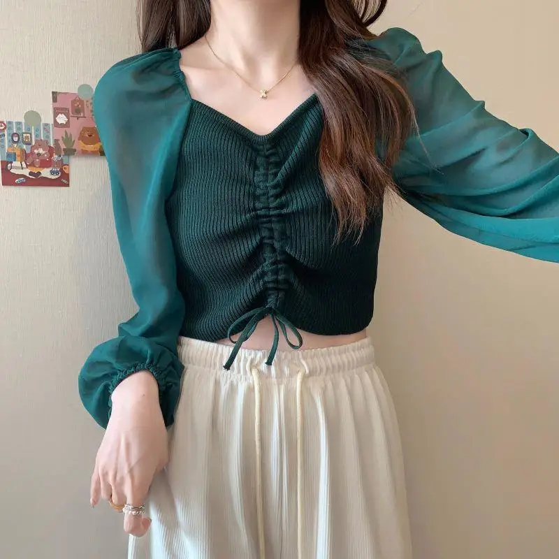 

Женский свитер с V-образным вырезом, модные шифоновые рубашки с длинным рукавом, женские весенние короткие Стильные повседневные топы, футболки 2023