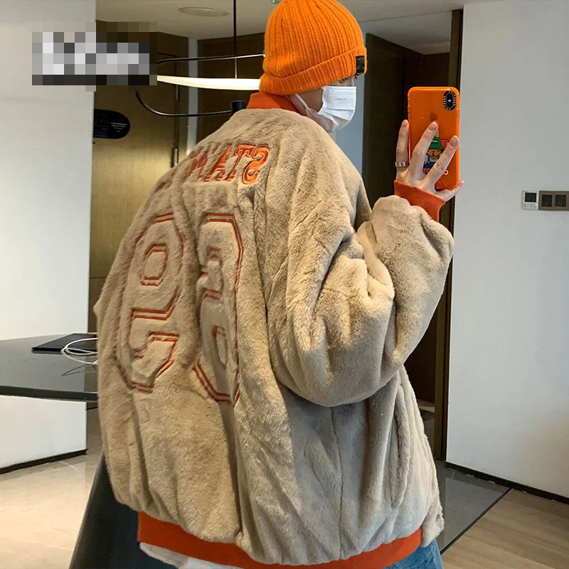 

American-style Thick Lambswool Coat Mens Winter Plus Velvet Loose Baseball Collar Cotton Coat Mens Coat