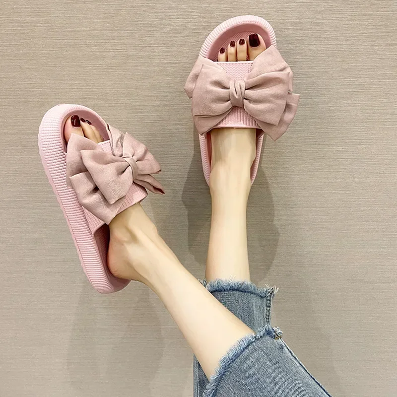 New bow tie Slippers Women Summer Thick Indoor Home Sandals Couples Bathroom Slides Non-slip Soft House Slippers femme