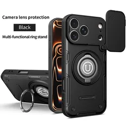 Magnetic 360° Ring Kickstand Shockproof Phone Case with Slide Camera Cover and Car Mount Holder - iPhone 15 (Black)