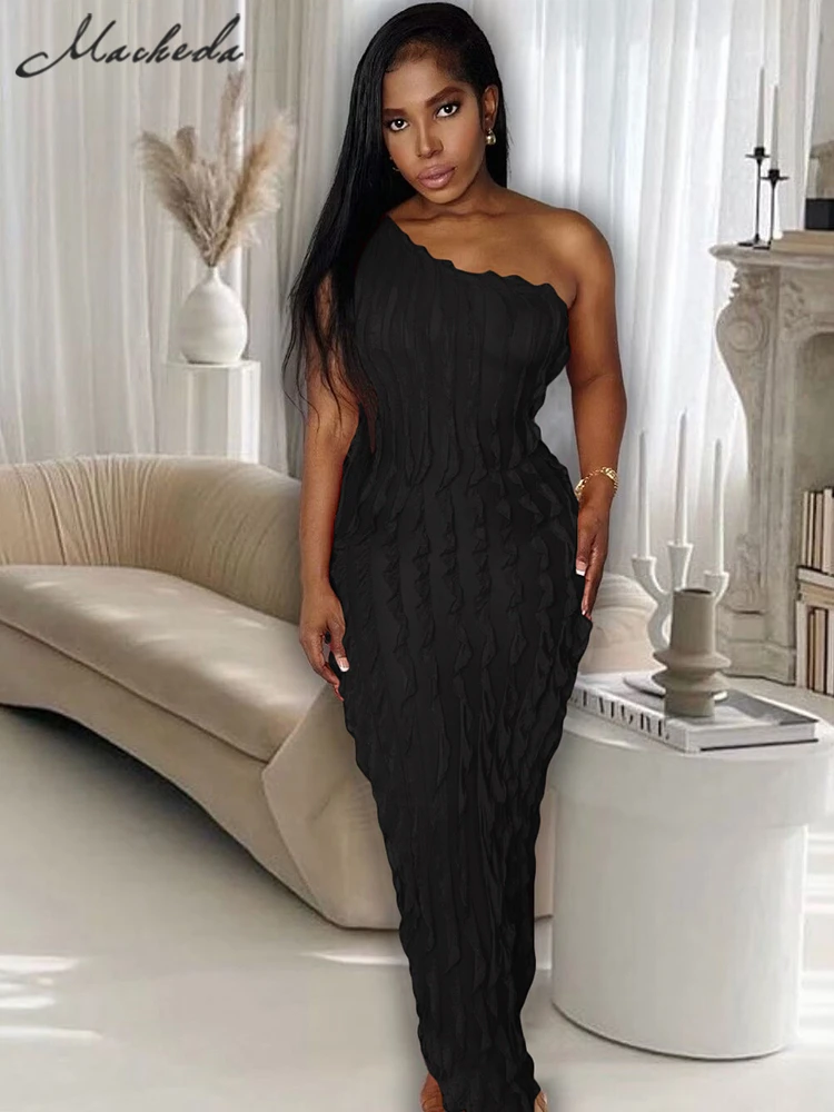 

Macheda Solid One Shoulder Maxi Dress Summer Women Slim Ruched Backless Party Evening Prom Birthday Long Dresses Ladies Vestidos
