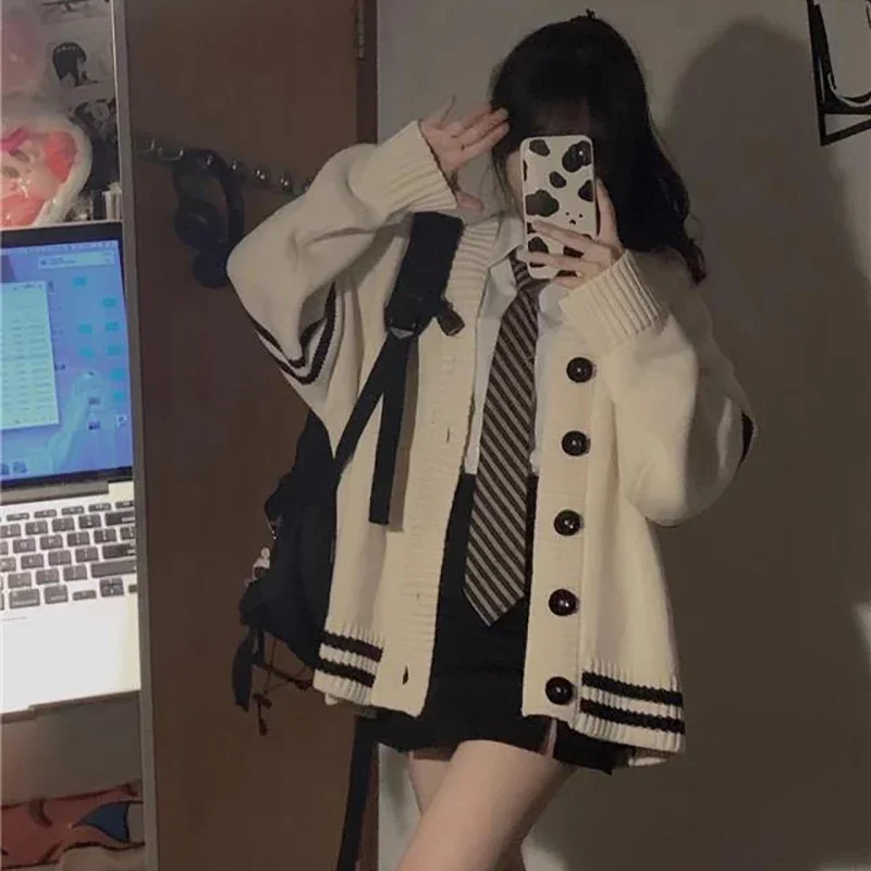 Striped Loose Cardigan Women Y2K Vintage Autumn Winter Single Breasted Sweater Streetwear Casual Korean Female Knitted Coat