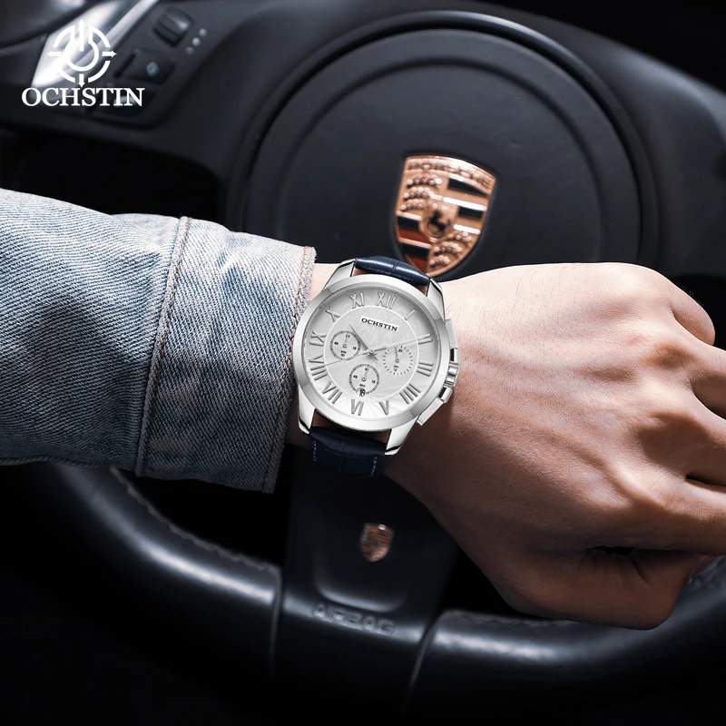 OCHSTIN Prominente Series Luxury Men's Quartz Watch Leather Strap Multi-functional Sports Business Date Quartz Clock