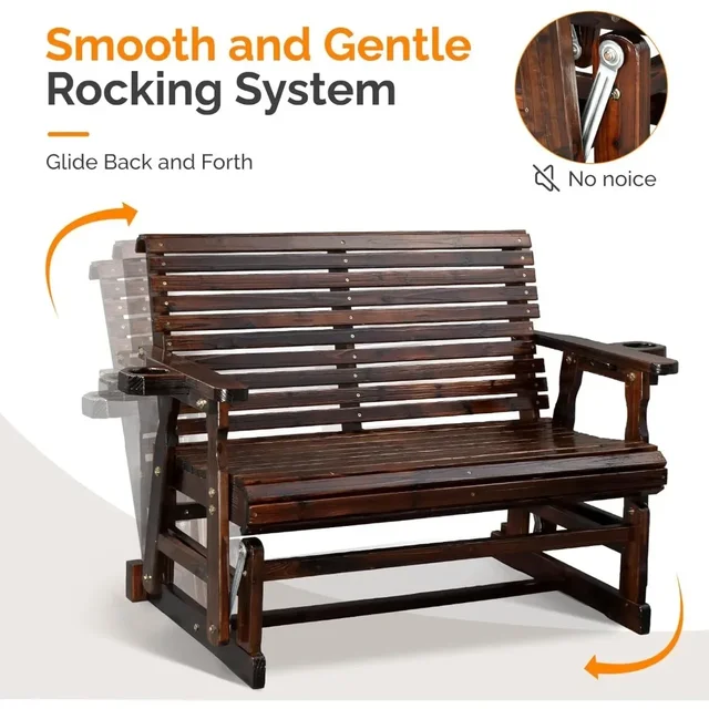 2025New-Durable Wooden Patio Glider Chair with Built-in Cup Holders, Outdoor Bench Glider Loveseat featuring a Smooth Rocking Mo 6