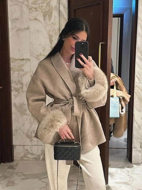 Elegant Lace Up Woolen Overcoat Women Casual Lapel V-neck Full Sleeve Loose Warm Outerwears Lady New Autumn Commute Street Coat 1