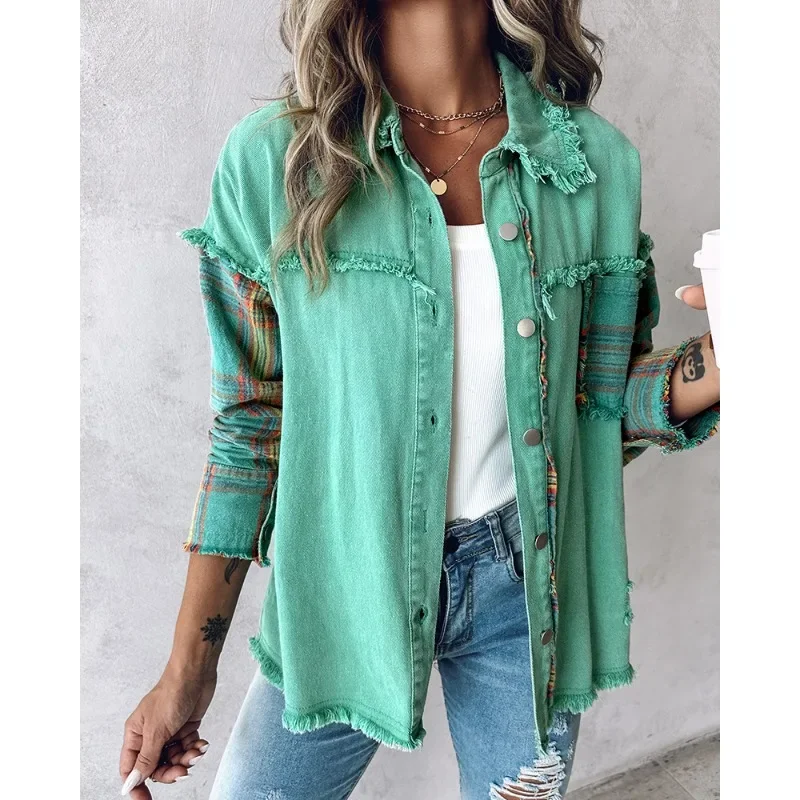 

Colorblock Plaid Print Raw Hem Shacket Coat Women Vintage Y2K Elegant Long Sleeve Turn Down Collar Button Shirt Jacket Outwear