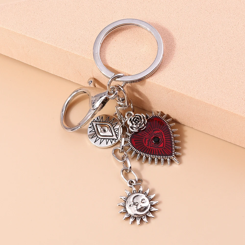 

Gothic Red Love Hearts Keychain Steampunk Metal Sun Eye Key Ring Pendant for Car keyholder Handbag Accessories DIY Jewelry Gift
