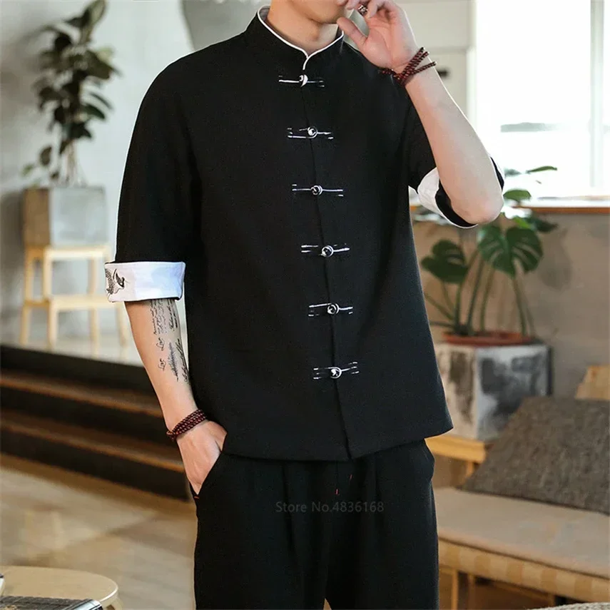 

Summer Crane Embroidery Top Traditional Chinese Clothing for Men Vintage Half Sleeve Linen Shirts Madarin Collar Hanfu Kungfu