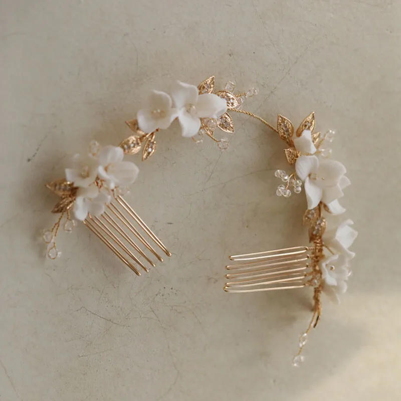 SLBRIDAL Handmade Alloy Leaf Porcelain Flower Pearls Bridal Hair Comb Wedding Headpieces Women Girls Jewelry Hair Accessories