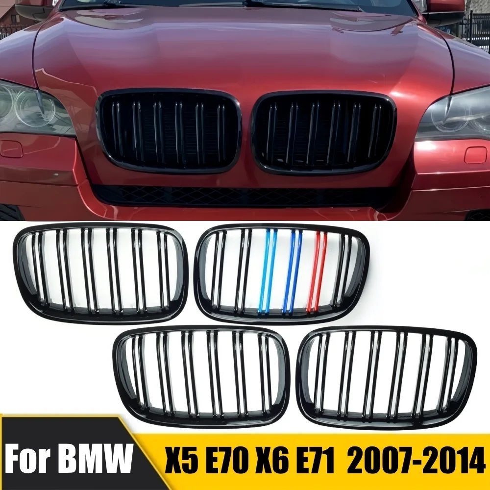 

New Look Car Grille Grill Front Kidney Glossy 2 Line Double Slat For BMW X5 E70 2007-2013 X6 E71 E72 2008-2014 Car Accessories