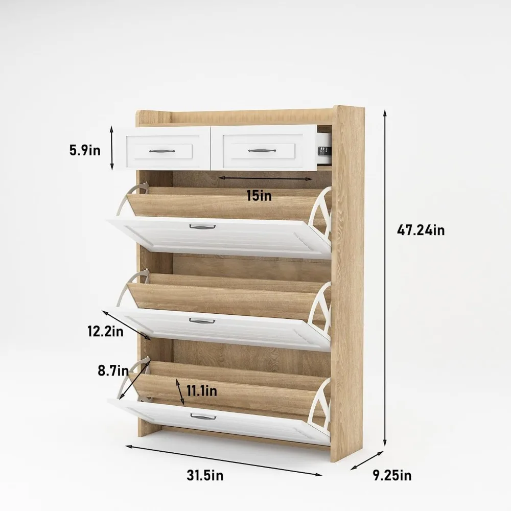 New Oak Color Shoe Cabinet with 3 Doors & 2 Drawers PVC Door Design, Large Storage Space for Entryway or Hallway