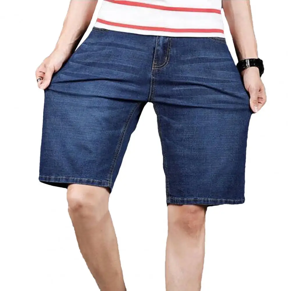 Men's Denim Shorts Summer Solid Color Casual Loose Multi-pocket Straight Five-minute Pants Elastic Knee Jean Shorts