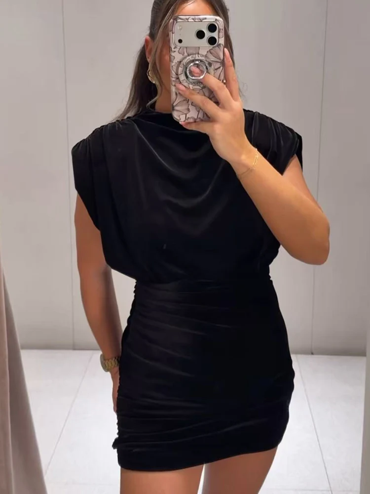 Fashion Velvet Mini Dress For Women Chic Slim Fit Sleeveless Evening Party Folds Dress With Shoulder Padded Winter New Elegant