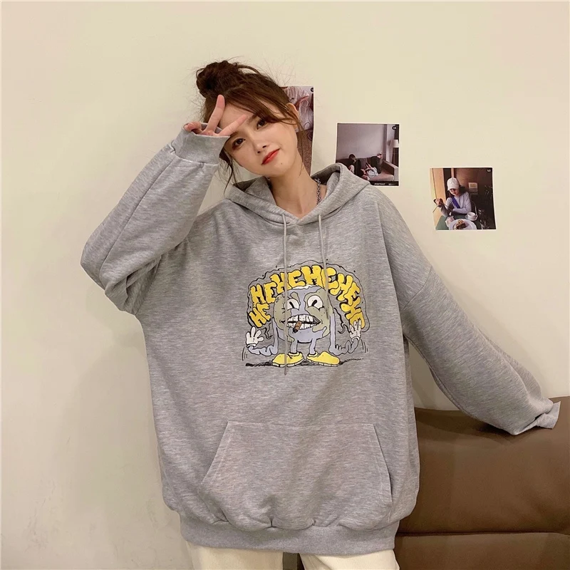 

Thin Cartoon Hoodie Women Apricot Grey Sweatshirt Autumn Street Leisure Cute Top Female Pullover Girls Kawaii Pocket M-XL