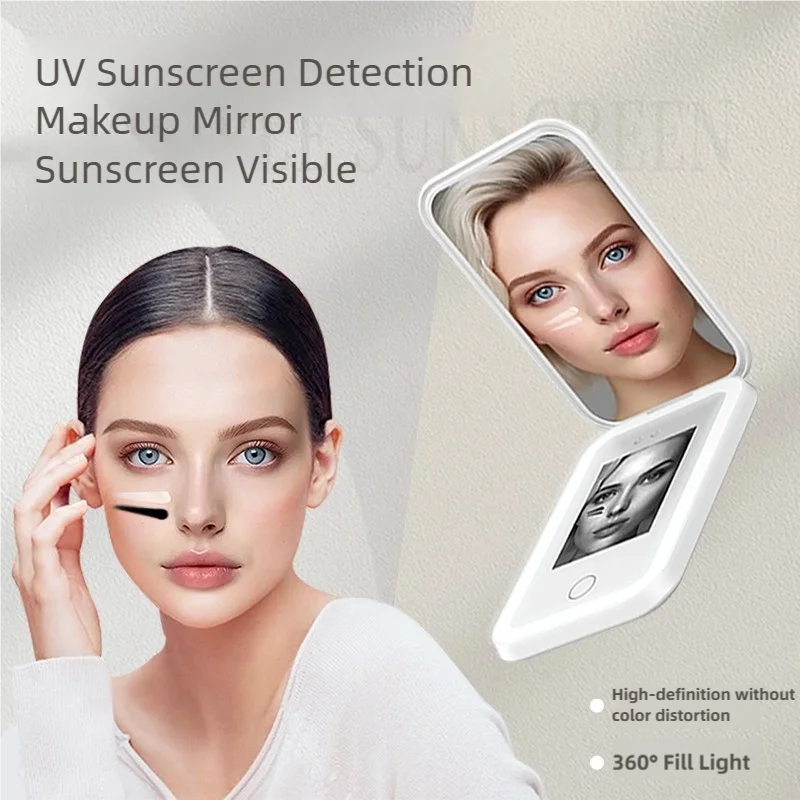 TINSOL UV 스마트 자외선 차단제 테스트 거울(HD 카메라 및 보조 조명 포함) 자외선 차단제 테스트용 2배 확대 여행용 거울