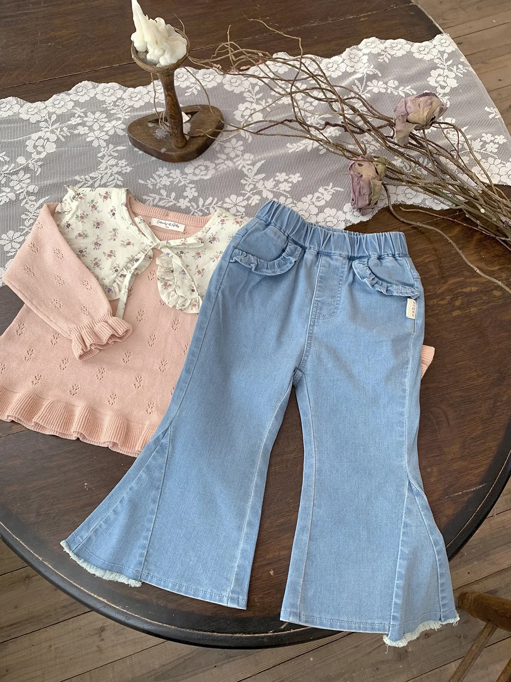 

Jenny&Dave Baby Girl Spring/Summer Cotton Flare Jeans Women's Treasure Elastic Lotus Leaf Light Blue Flare Jeans Girl