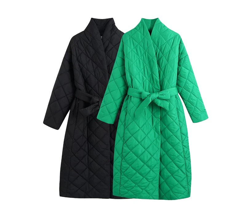 

Winter New Women's Diamond Lattice Lapel V-neck Waist Warm Thickened Long Cotton Coat