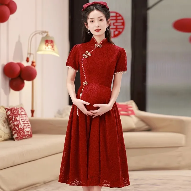 

Yourqipao Plus Size Bride Toast Clothing Women Short Engagement Cheongsam Dress Pregnant Maternity Chinese Wedding Party Dresses