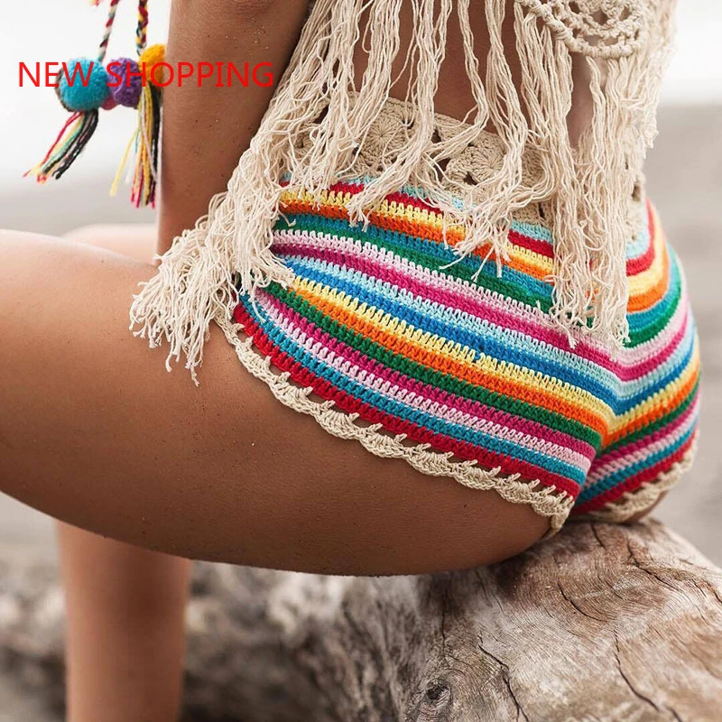 Pantalones cortos ganchillo para Shorts sexys de punto a rayas de colores elásticos, de cintura baja, para playa, 2021|Pantalones cortos| -